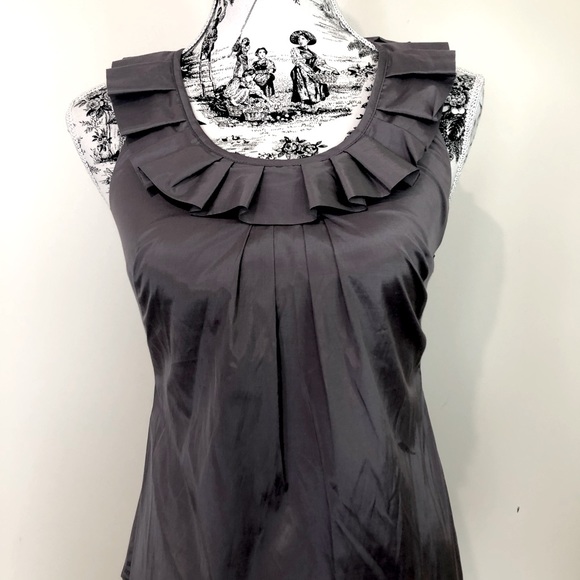 Cue Tops - CUE Metallic Frill Tank Top Steel Grey Sleeveless Scoop Neck Ruffle Pleat Size 6